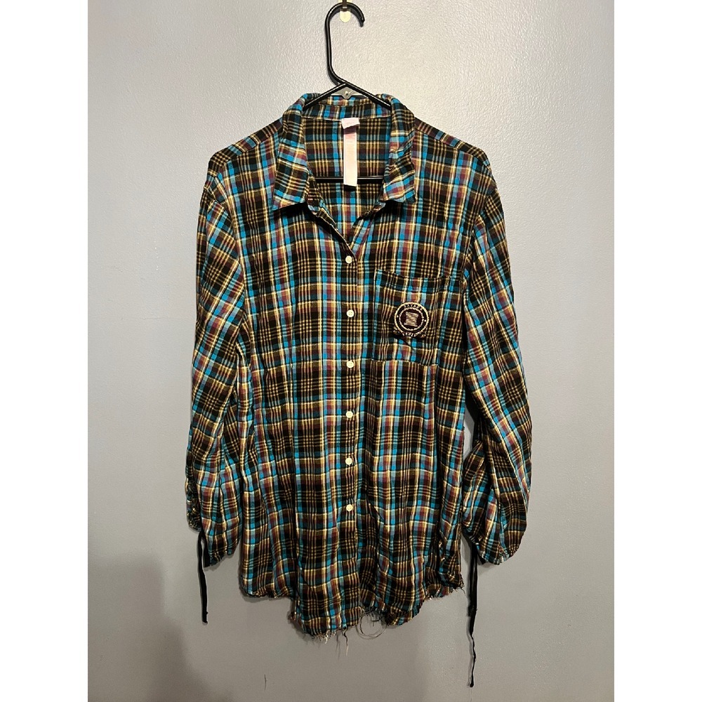 Savage X Fenty Tied Up Tartan Plaid Oversized‎ PJ Raw Hem Button Sleep Tee SZ XL